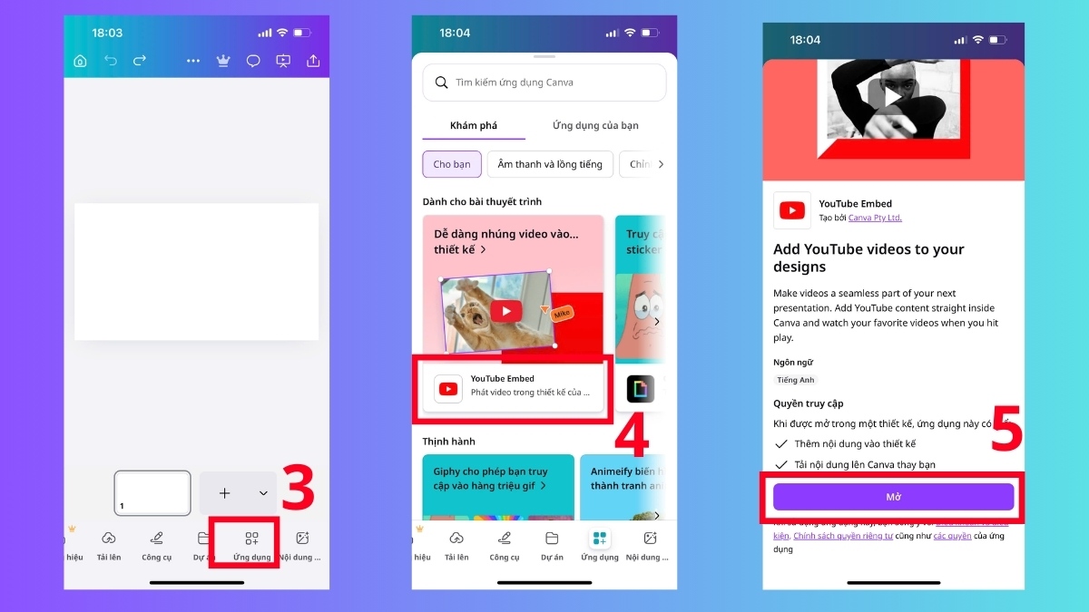 Tìm đến mục mục Ứng dụng và chọn tiếp YouTube Embed