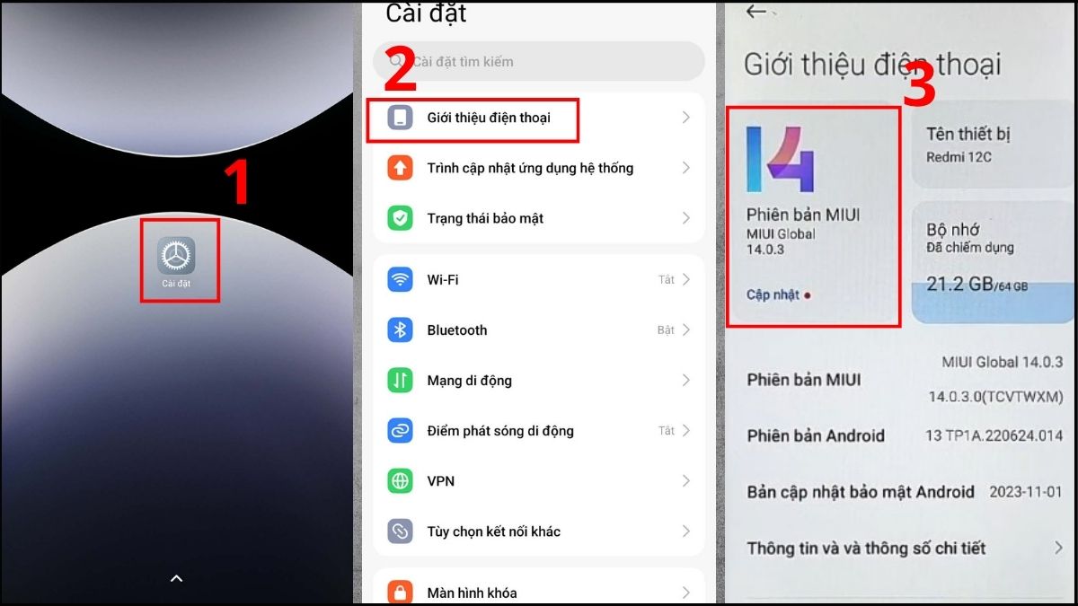 Vào phần Cài đật và tìm đến phiên bản hệ điều hành