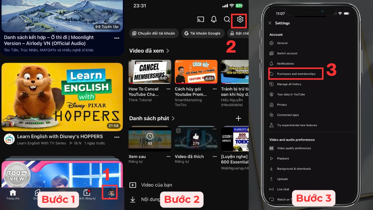 Tìm đến mục Purchases and memberships trên YouTube