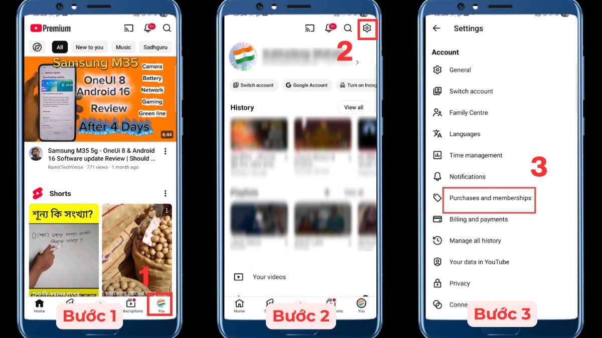 Tìm đến mục Purchases and memberships trên YouTube của điện thoại Android