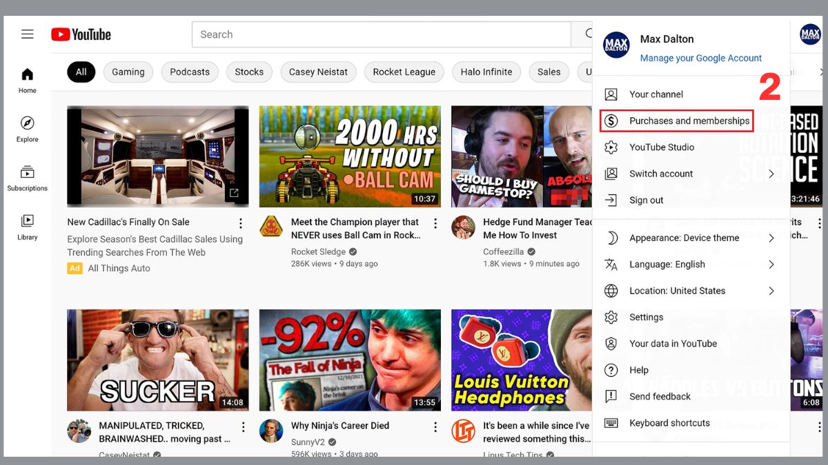 Tìm đến mục Purchases and memberships trên YouTube của máy tính