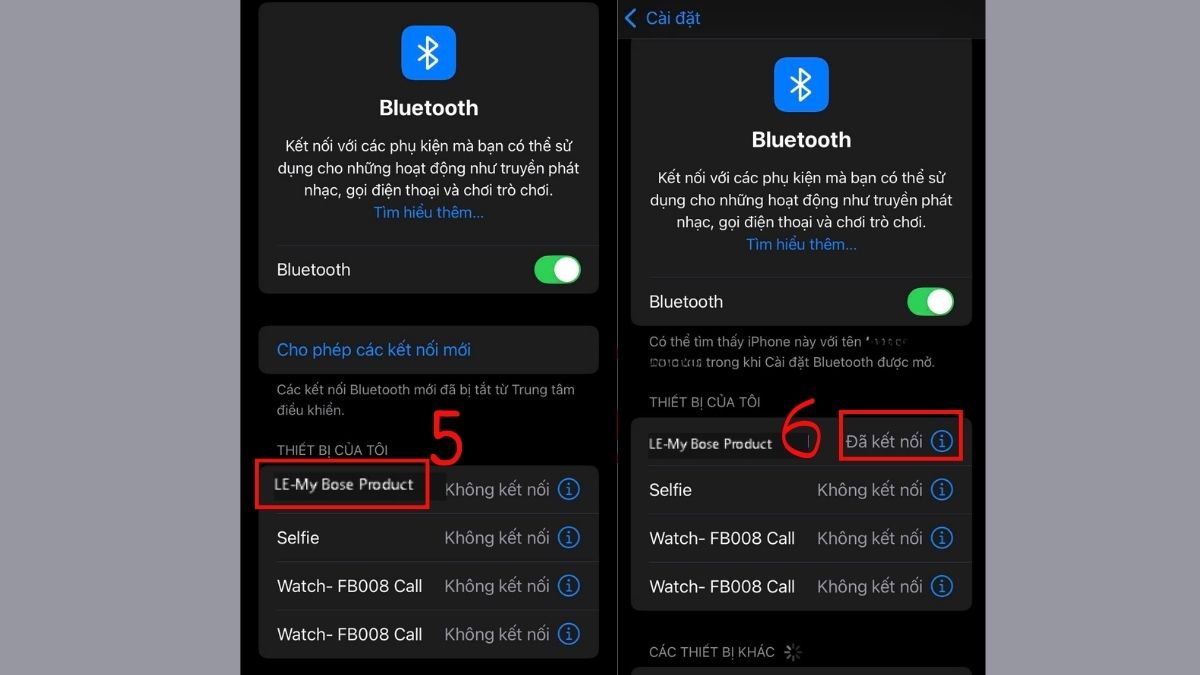 Tìm và chọn tên tai nghe Bose để kết nối
