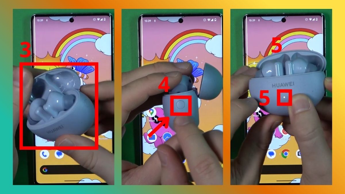 Mở nắp hộp tai nghe và giữ nút bên hông hộp trong khoảng 2-3 giây