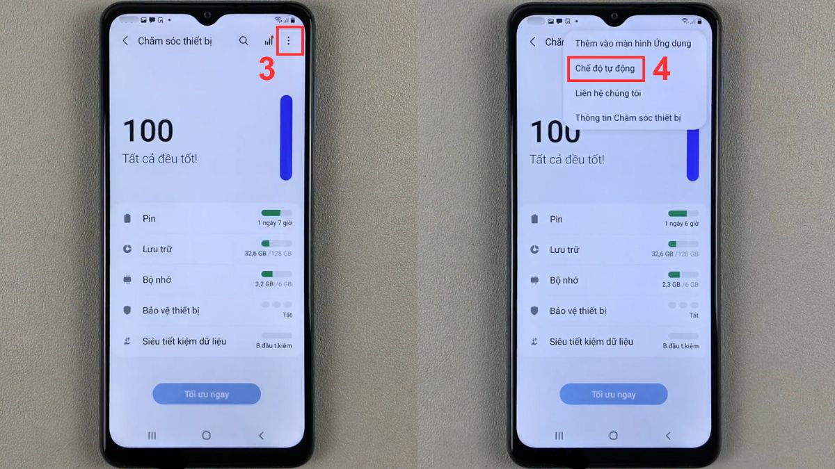 Nhấn chọn vào biểu tượng ba chấm và chọn Chế độ tự động