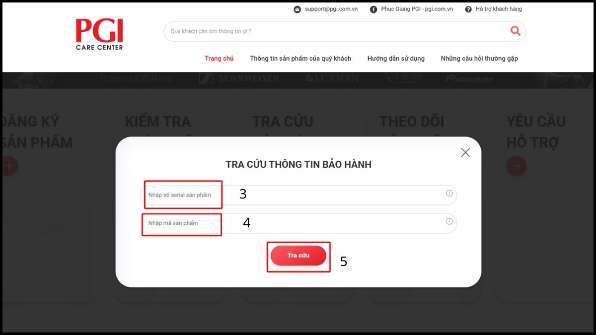 Nhập mã số serial và mã sản phẩm để tra cứu