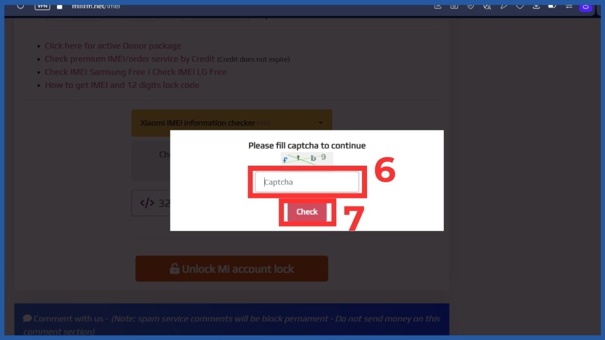Nhập Captcha và Check