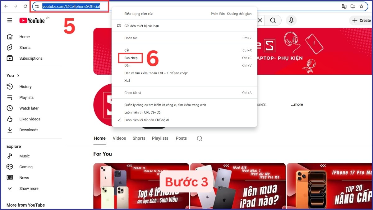 Sao chép link kênh Youtube