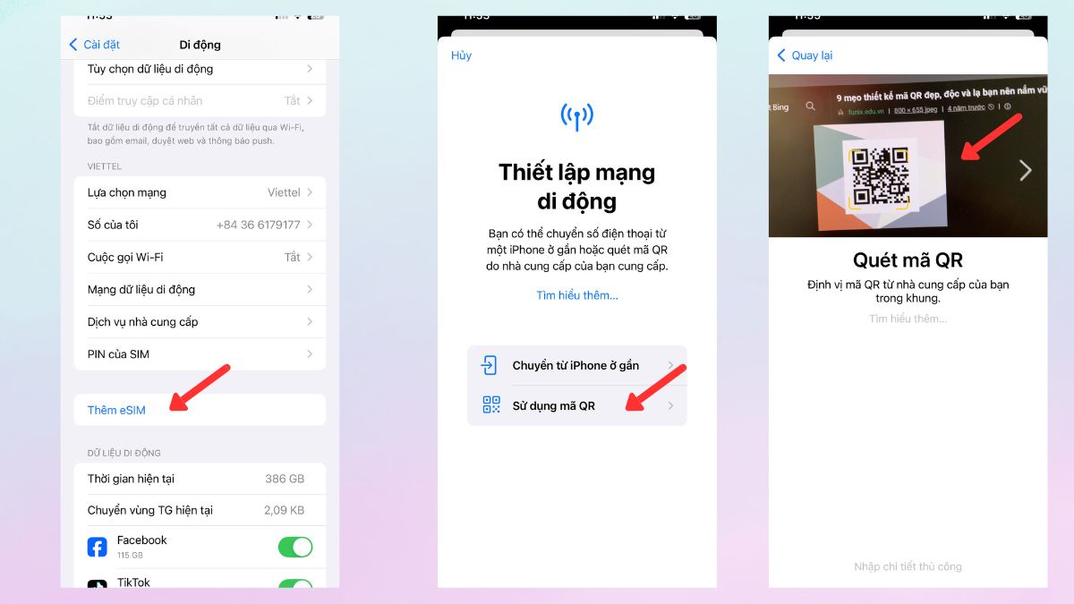 Quét mã QR kích hoạt eSIM