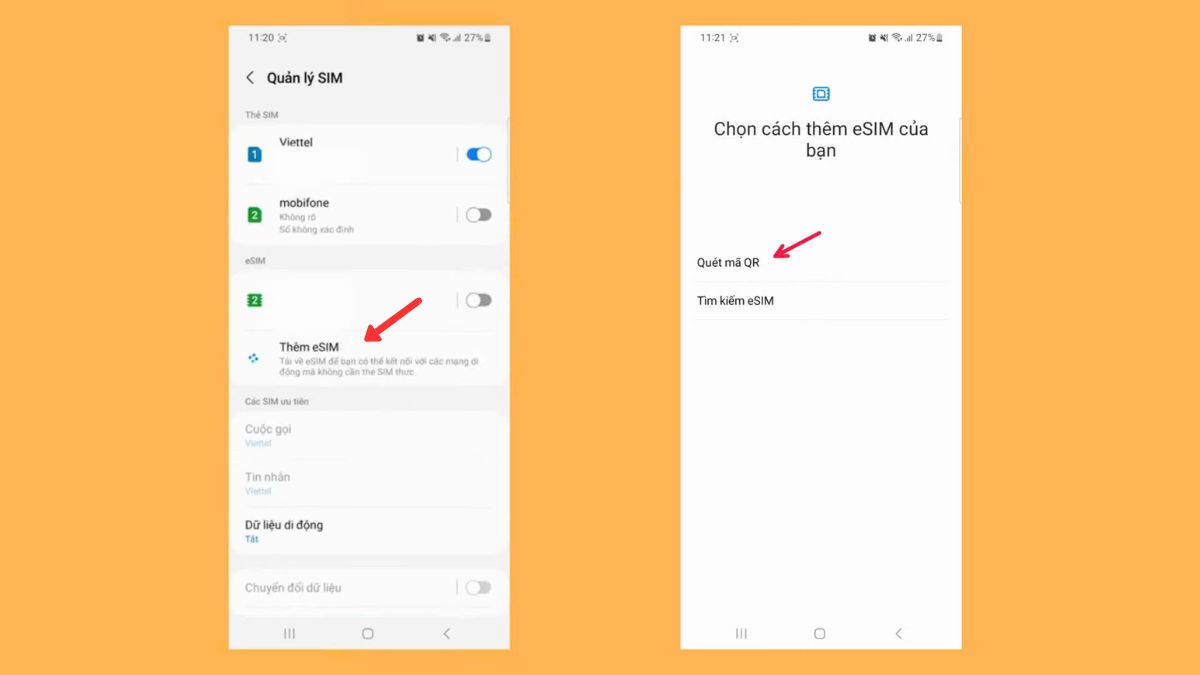 Chọn Thêm eSIM và Quét mã QR