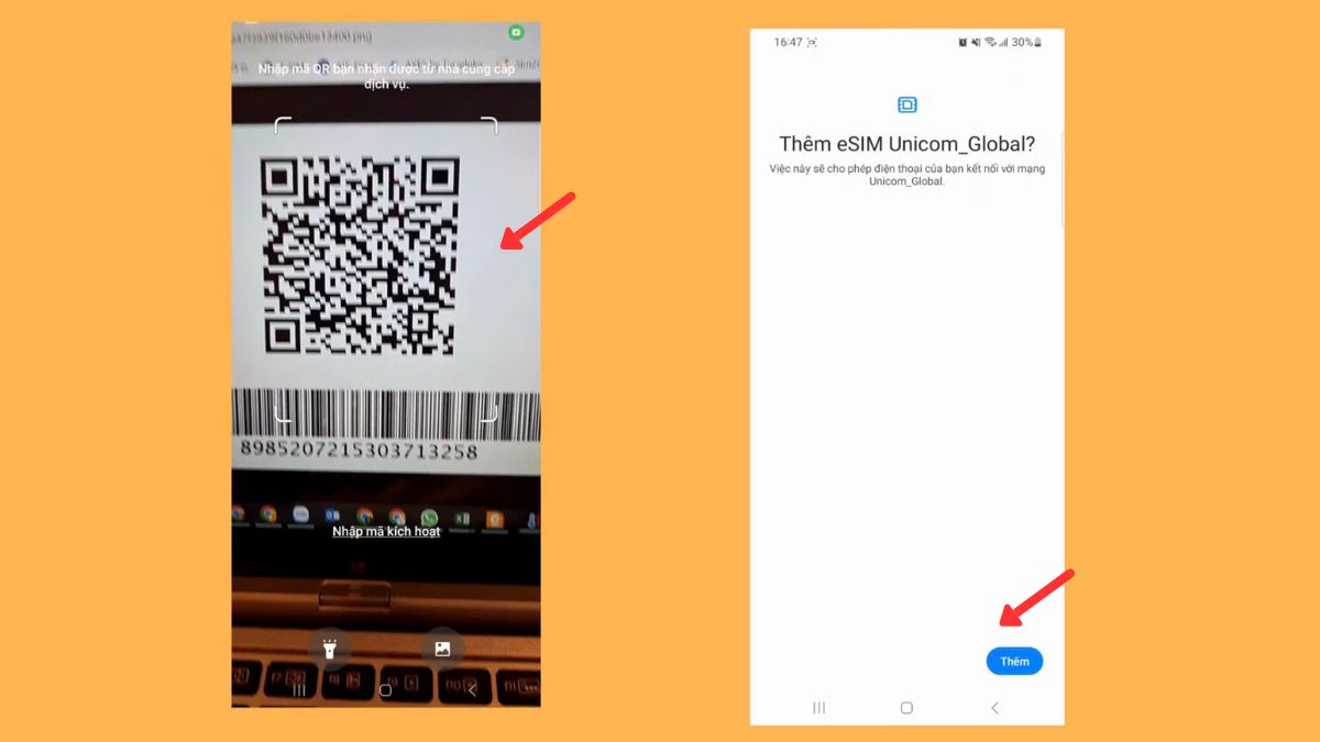 Đưa camera kích hoạt eSIM MobiFone và chọn Thêm để hoàn tất