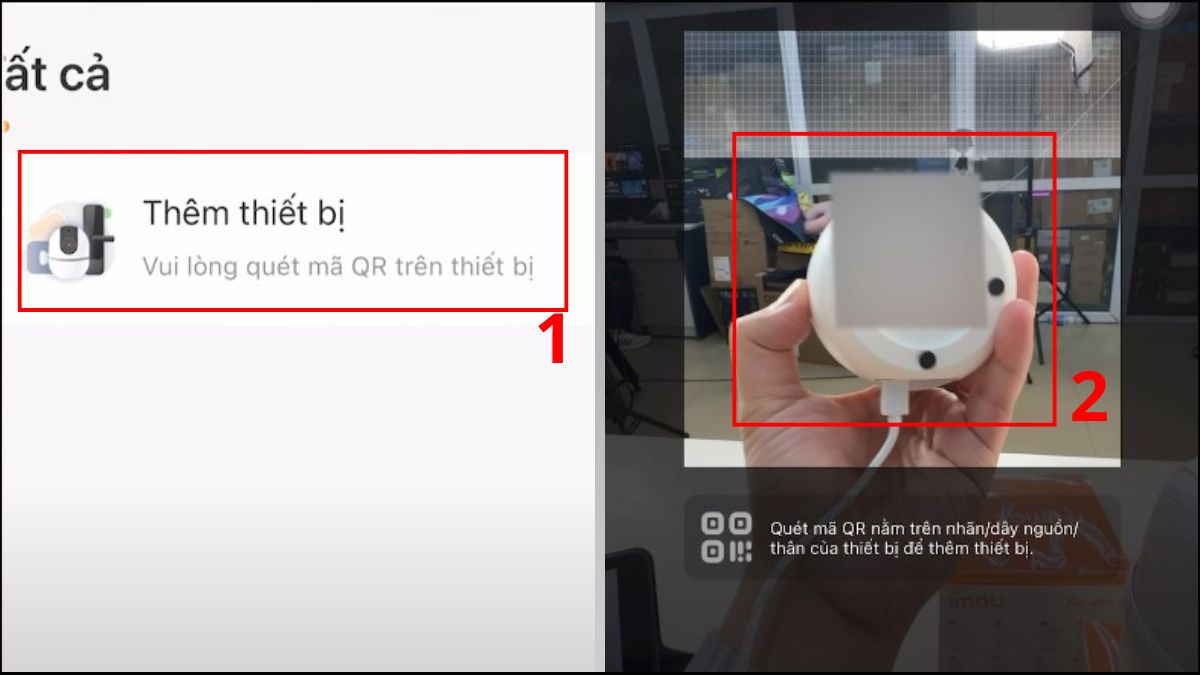 Quét mã QR nằm trên camera, hộp đựng hay dây nguồn