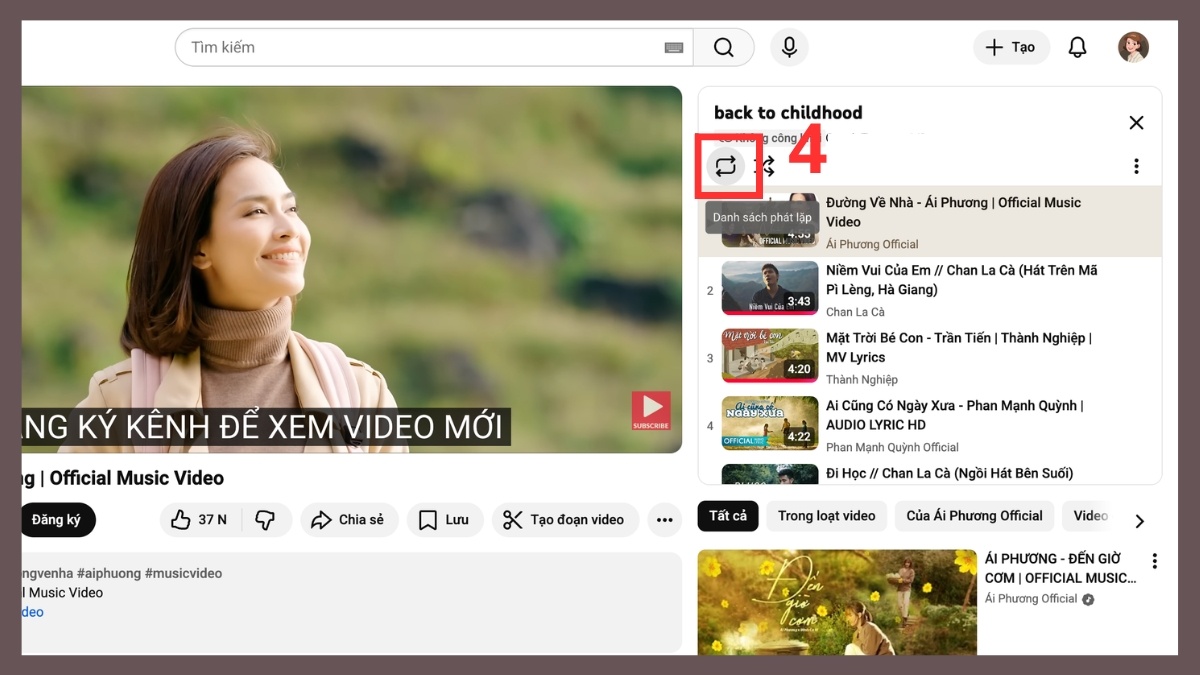 Chọn vào biểu tượng lặp lại video