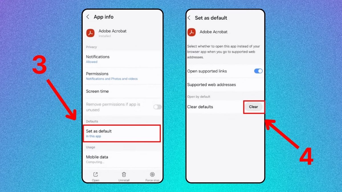 Nhấn Clear tại Clear defaults để xóa mặc định cũ