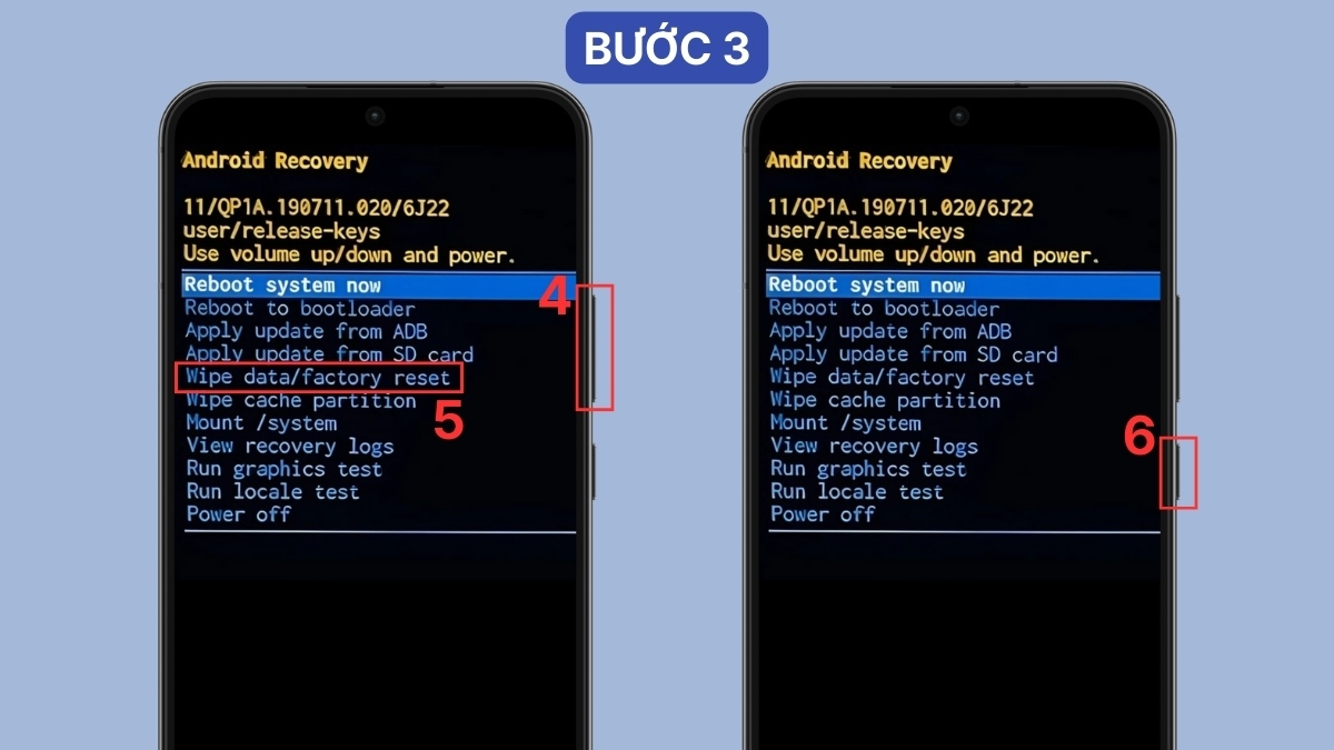 Dùng phím âm lượng điều hướng đến mục mục Wipe data/factory reset