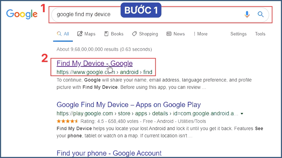 Tìm kiếm Google và truy cập vào website Find My Device
