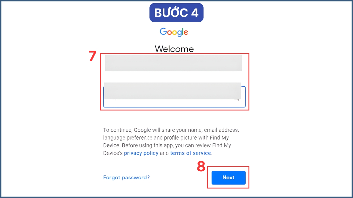 Điền lại email và mật khẩu tài khoản Google