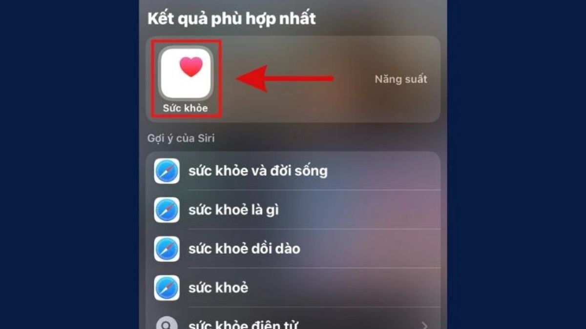 Mở ứng dụng Health bằng tính năng Spotlight