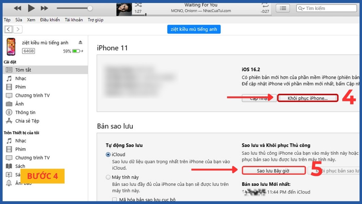 Chọn Khôi phục iPhone và Sao lưu bây giờ