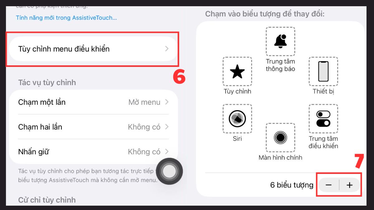 Chọn dấu (-) và (+) trong mục Tùy chỉnh menu điều khiển và chọn dấu