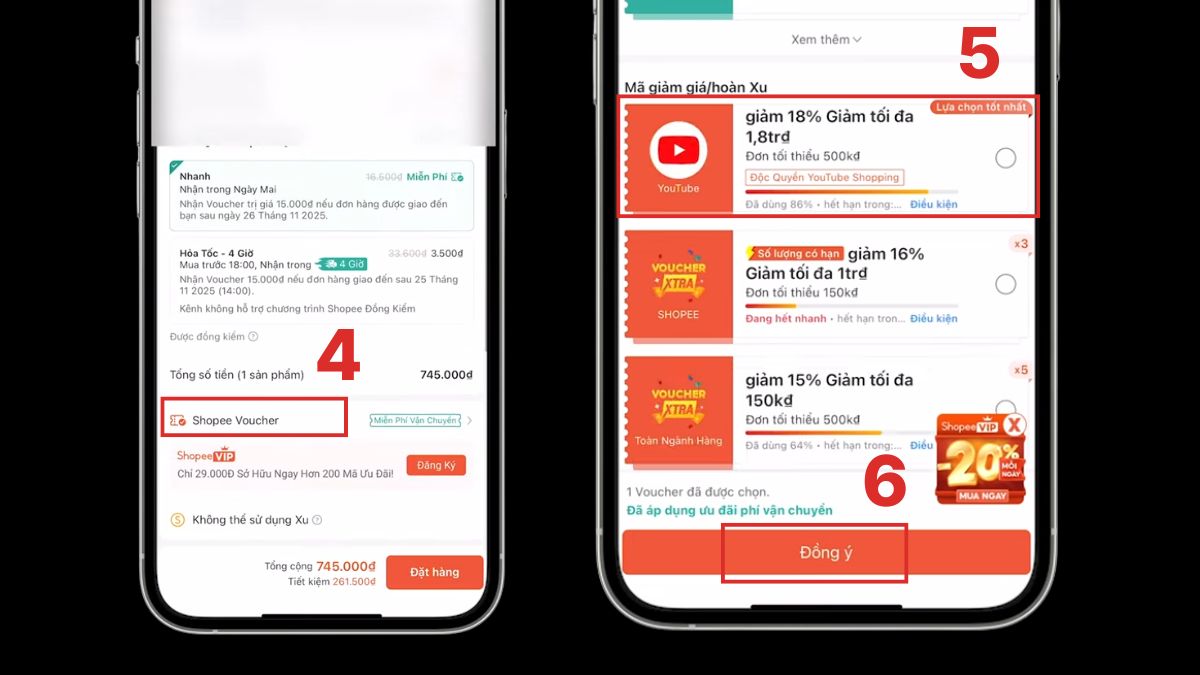 Chọn Shopee voucher và áp dụng