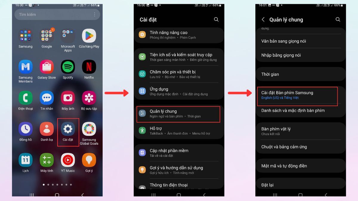 Vào mục Cài đặt Bàn phím Samsung