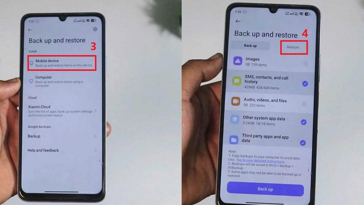 Tìm đến mục Mobile device và chọn Restore