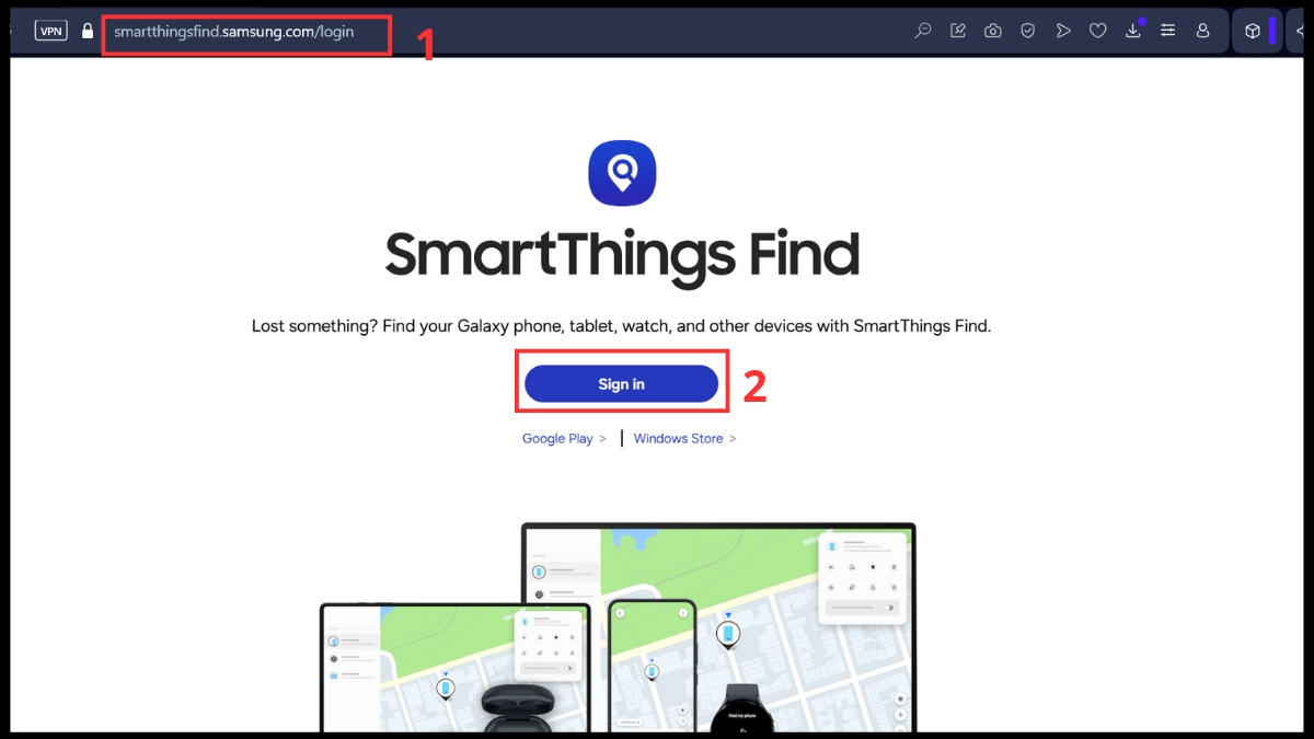 Đăng nhập tài khoản trên Samsung trên SmartThings Find