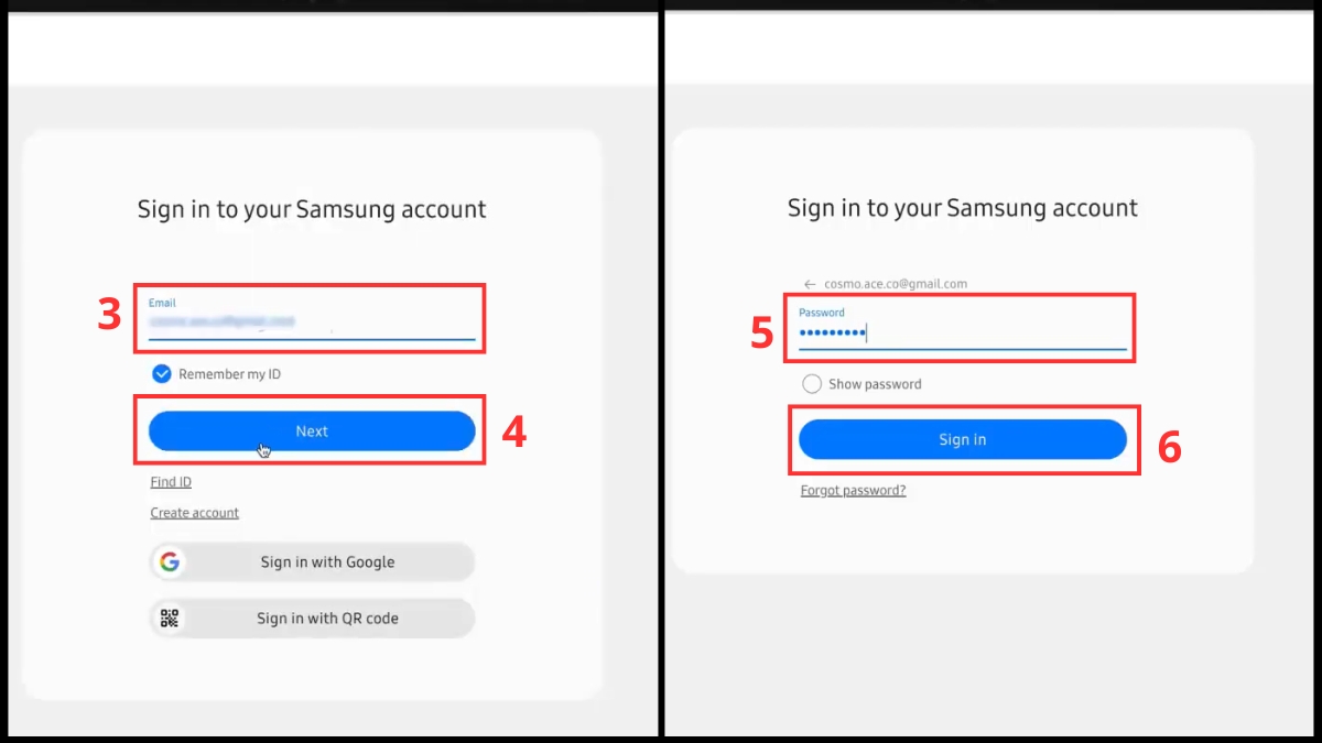 Điền thông tin tài khoản đăng nhập Samsung
