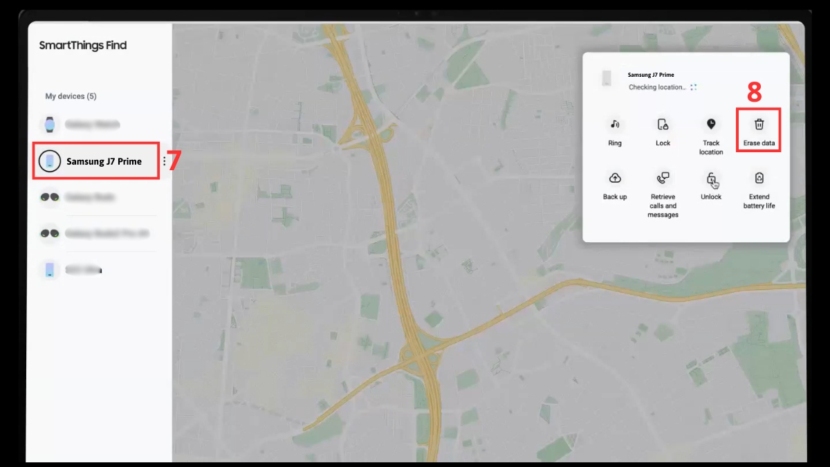 Chọn thiết bị Samsung J7 Prime và Xóa dữ liệu