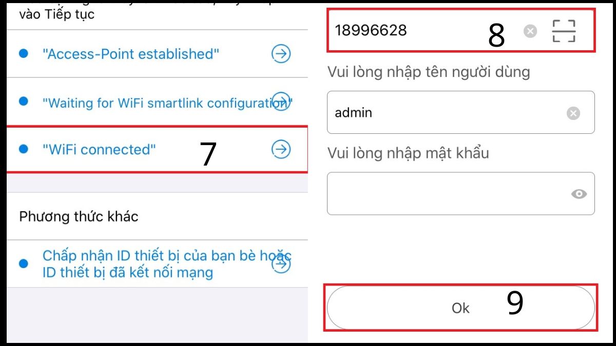 Chọn WiFi connected và nhập ID thiết bị
