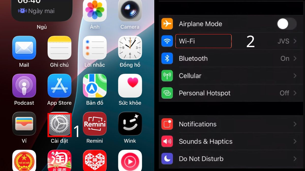 Mở Cài đặt và WiFi trên điện thoại