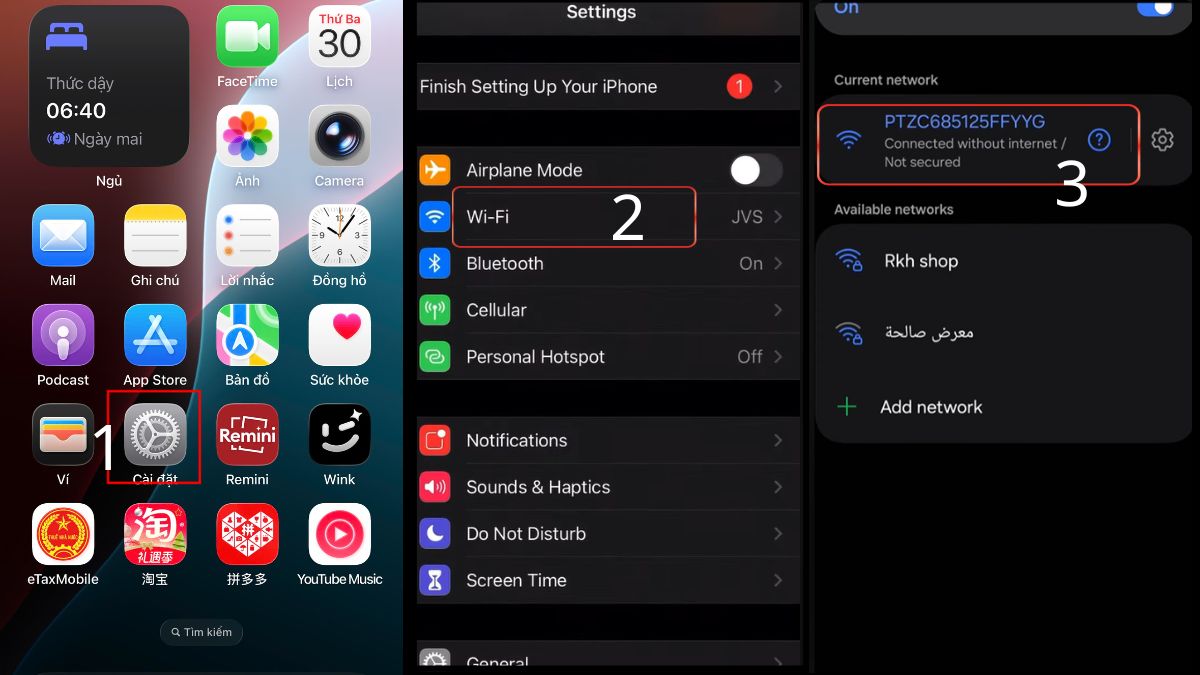 Mở Cài đặt và chọn mạng do camera phát ra