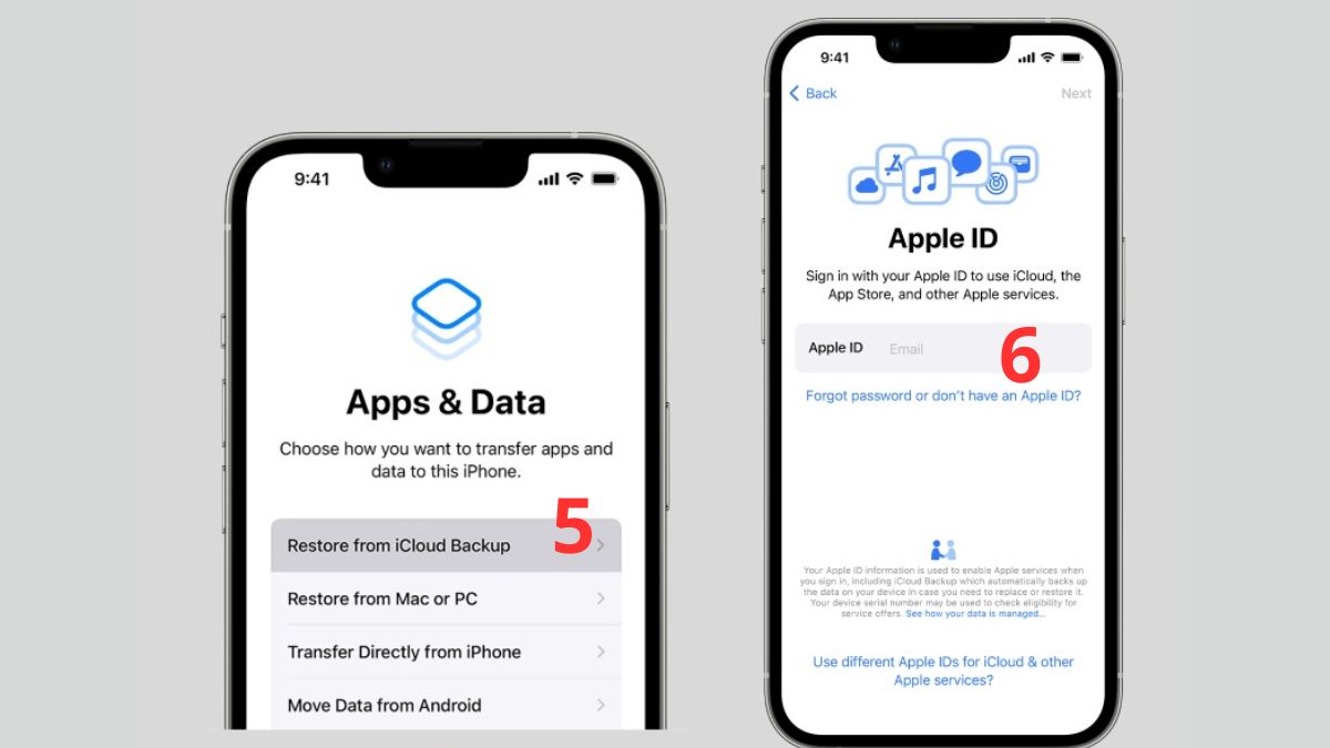 Chọn mục Khôi phục từ bản sao lưu iCloud tại Ứng dụng & Dữ liệu