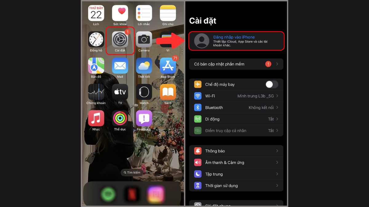Đăng nhập vào iPhone trong phần Cài đặt