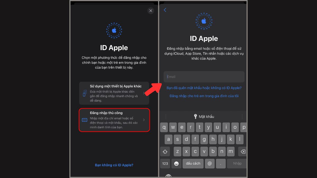 Đăng nhập tài khoản Apple ID thủ công