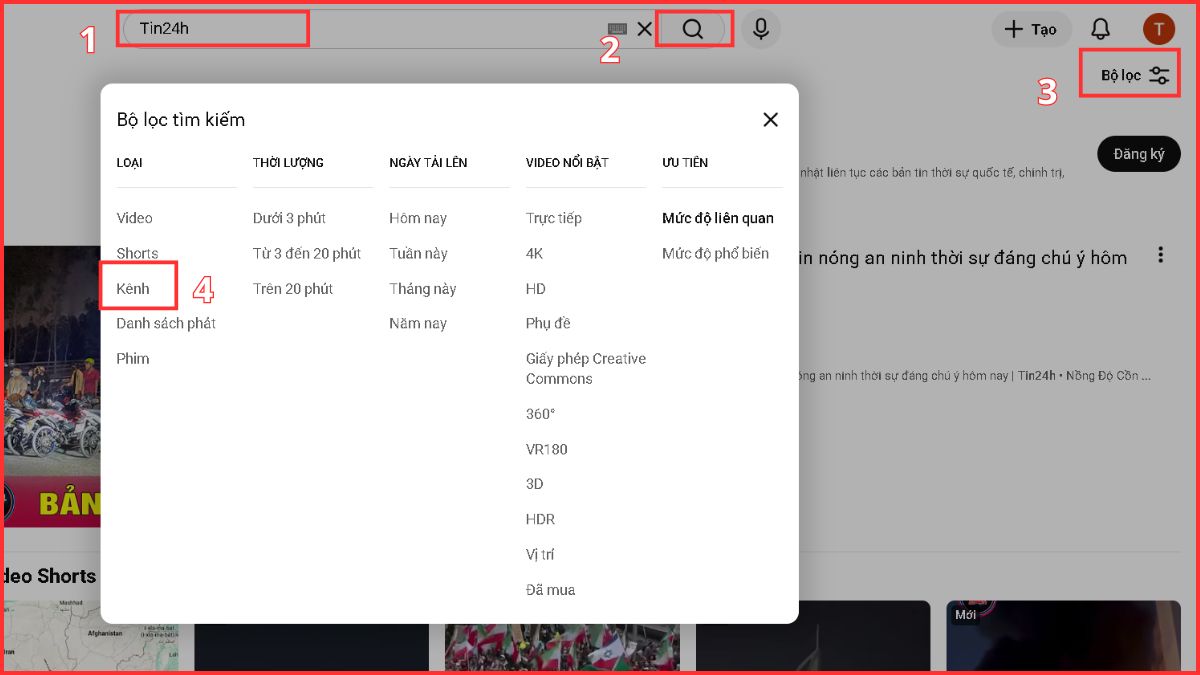 Nhập từ khóa kênh YouTube