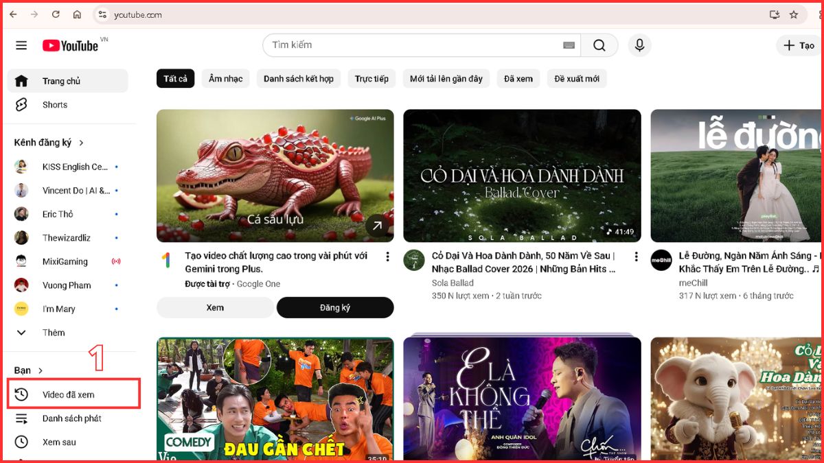Vào mục video đã xem
