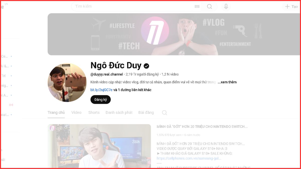 Phần mô tả kênh rõ ràng là dấu hiệu nhận biết kênh chính chủ