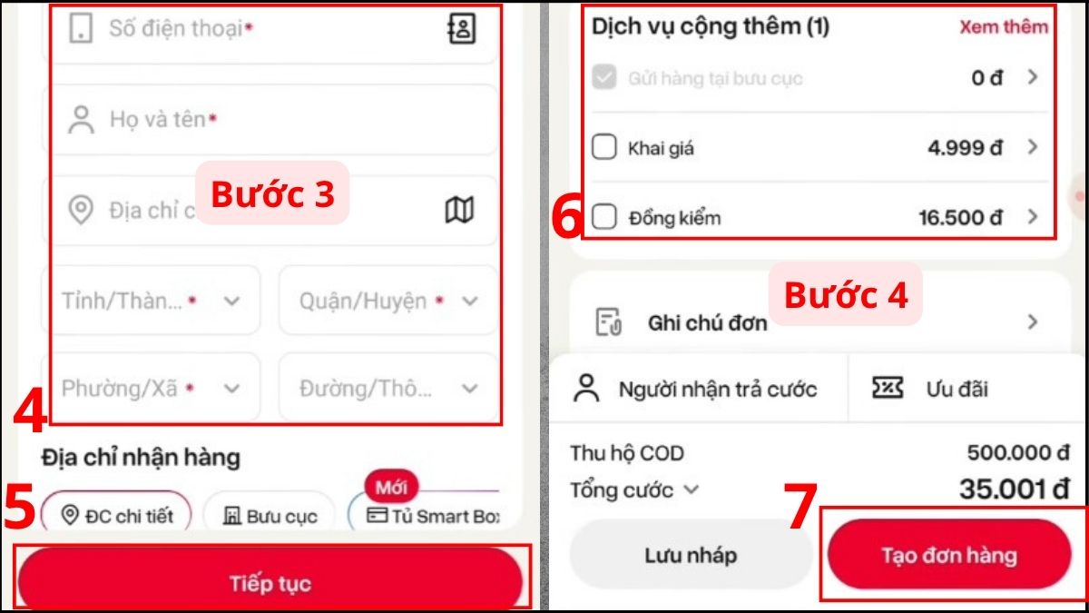 Chọn Tiếp tục và Tạo đơn hàng
