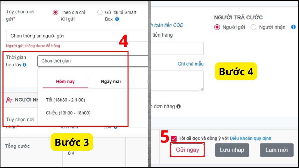 Chọn Thời gain và Gửi ngay