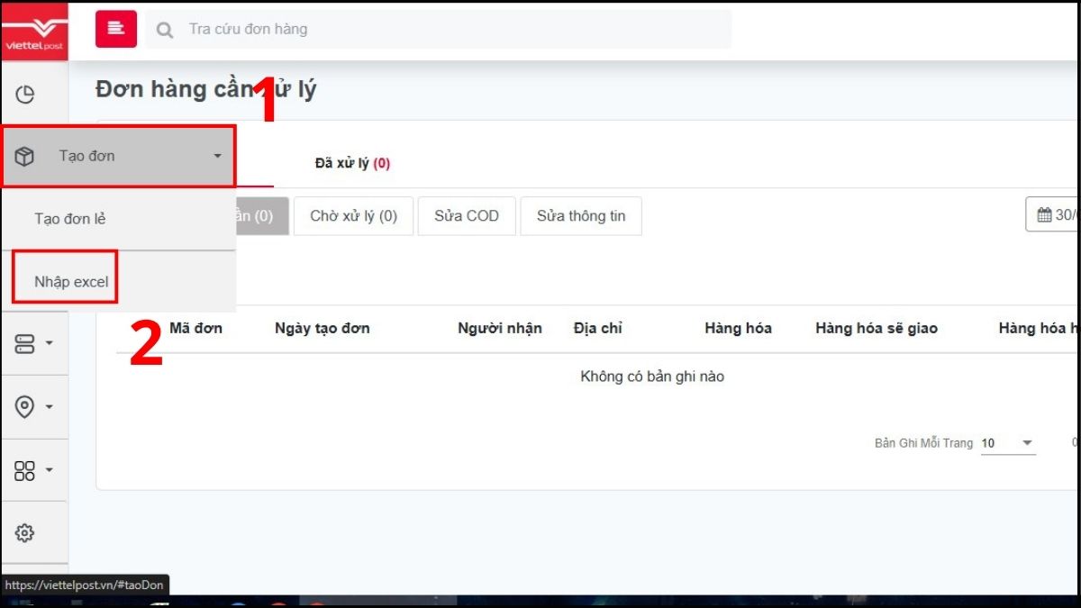 Mở website và chọn Tạo đơn