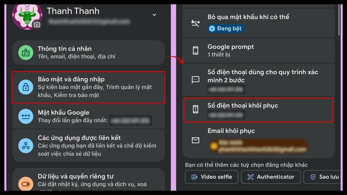 Tìm đến mục Số điện thoại khôi phục