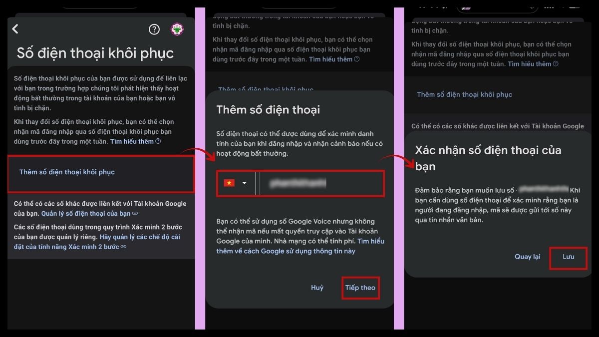 Thêm số điện thoại khôi phục