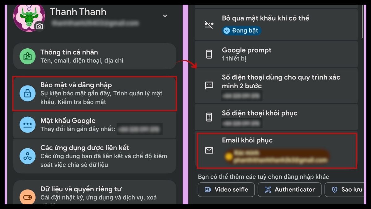 Vào mục Email khôi phục