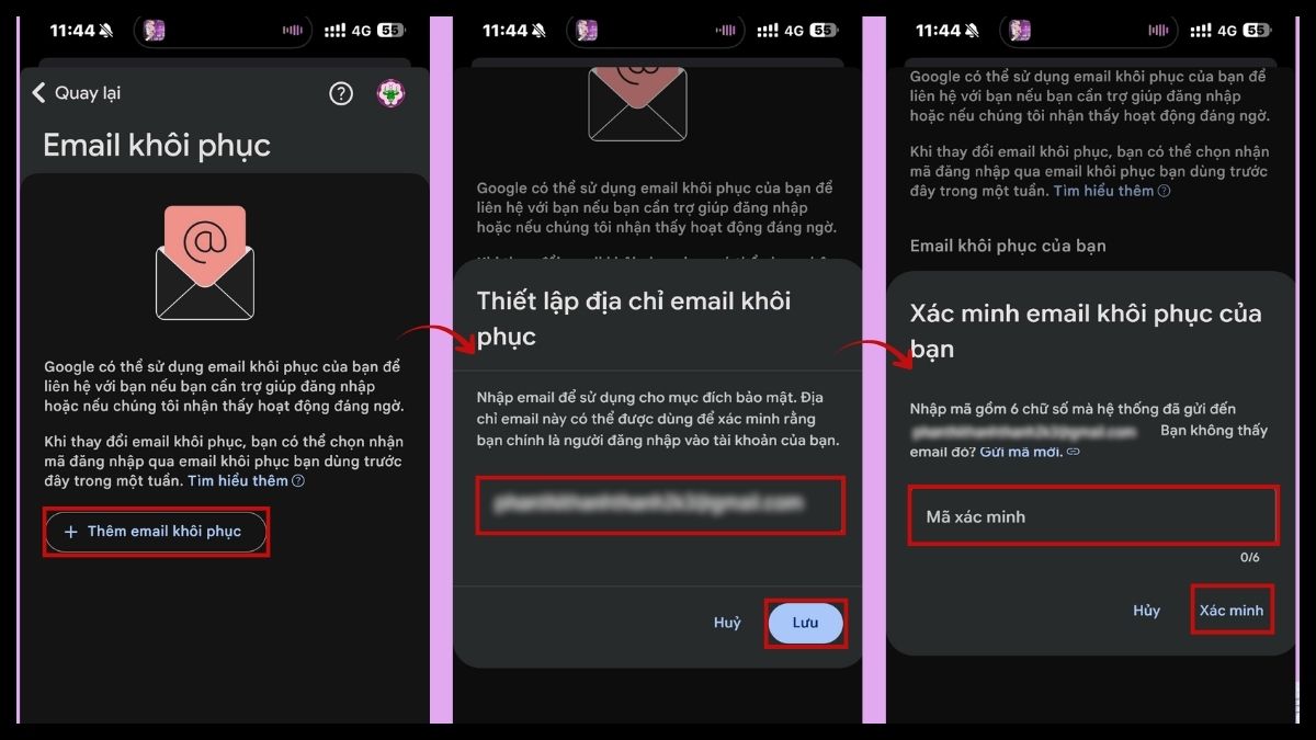 Thêm email khôi phục sau khi thực hiện cách tạo tài khoản gmail trên điện thoại