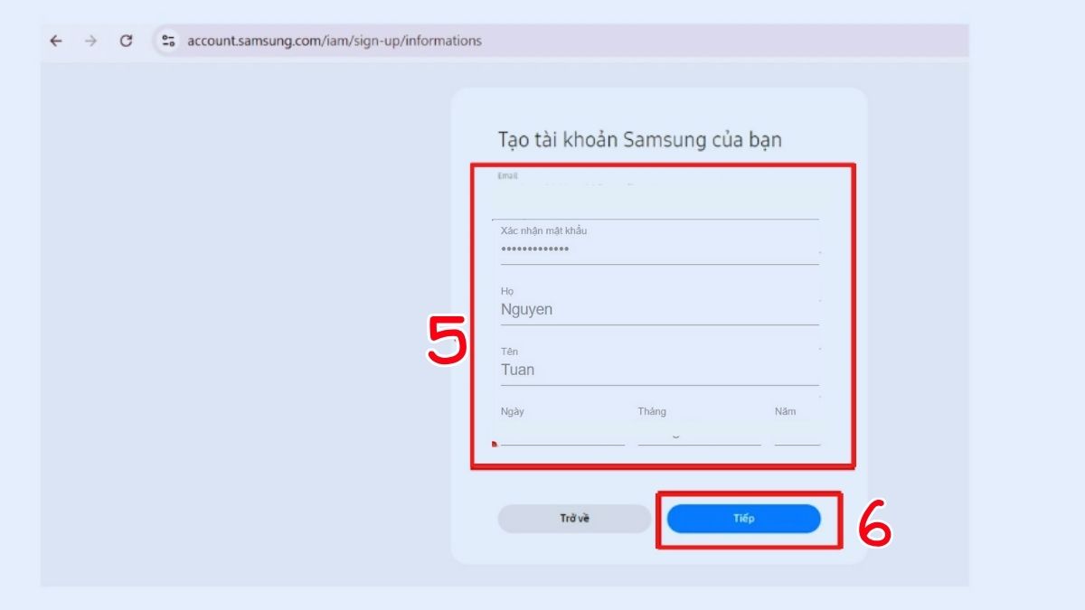 Nhập thông tin đăng ký Samsung account
