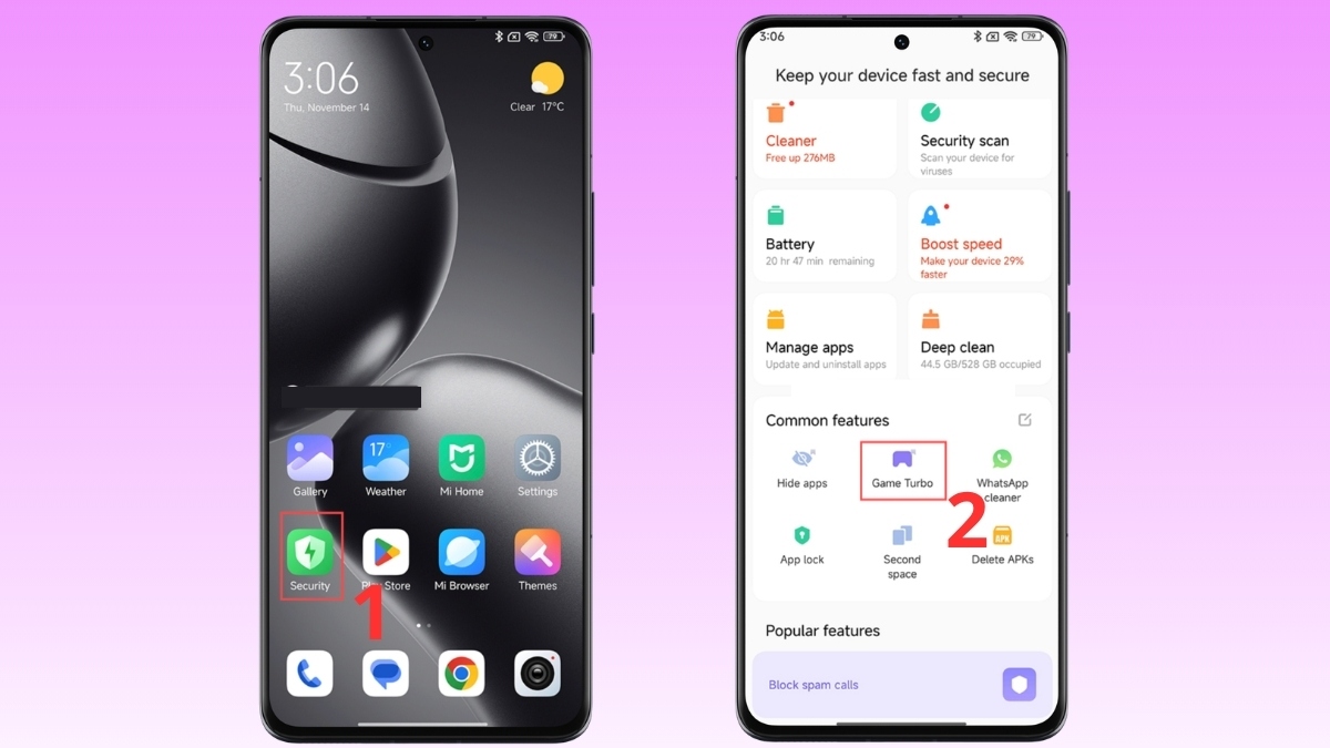 Truy cập vào Security và Game Turbo