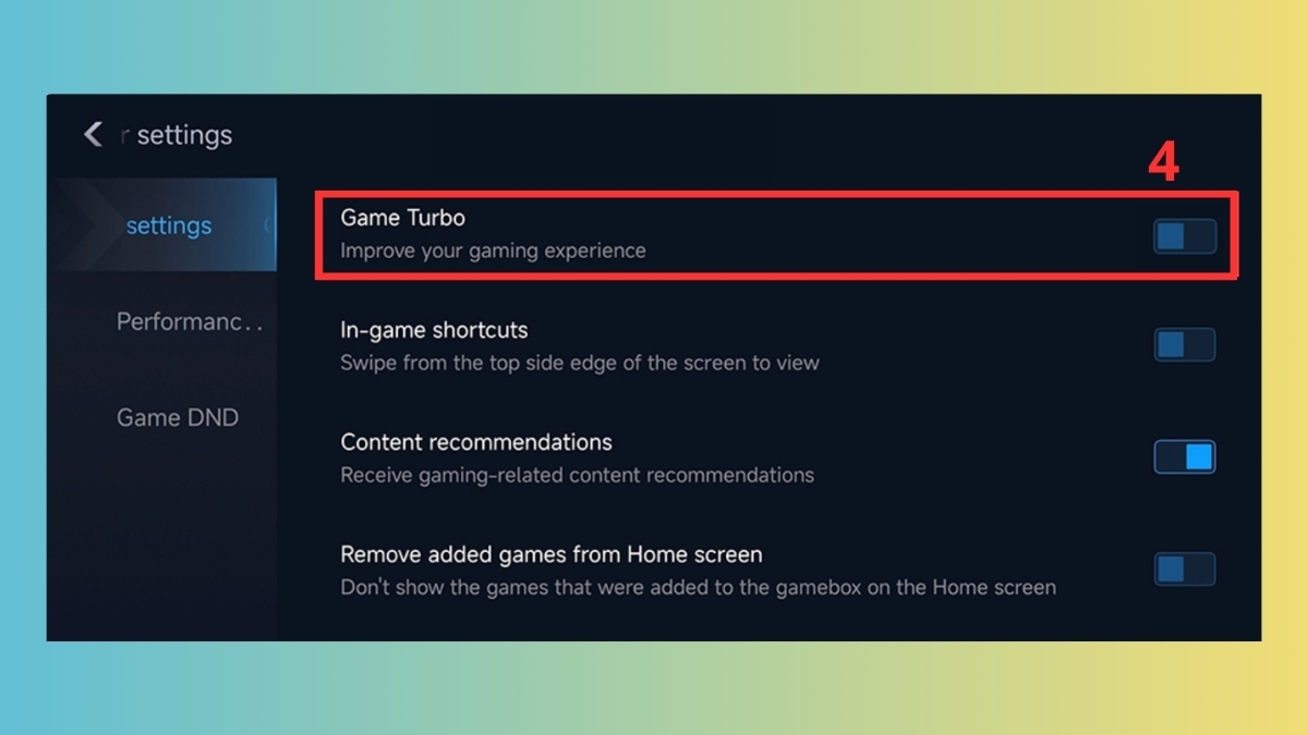 Bật công tắc Game Turbo