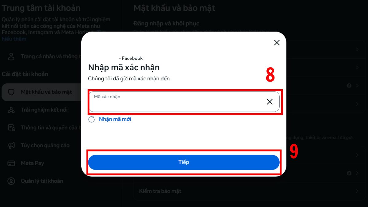 Nhập mã xác nhận và chọn Tiếp