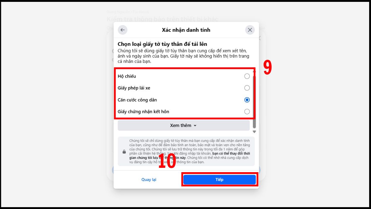 Chọn loại giấy tờ tùy thân và chọn Tiếp